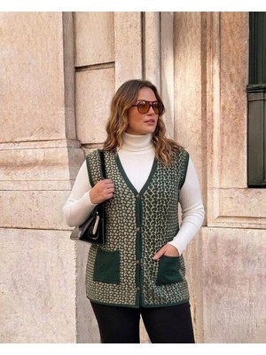 Onno Style Çelik Örgü Klasik Leopar Desen Triko Yelek