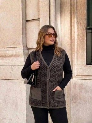 Onno Style Çelik Örgü Klasik Leopar Desen Triko Yelek