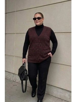 Onno Style Büyük Beden Klasik Triko Renkli Düğmeli Çelik Örgü Kadın Yelek