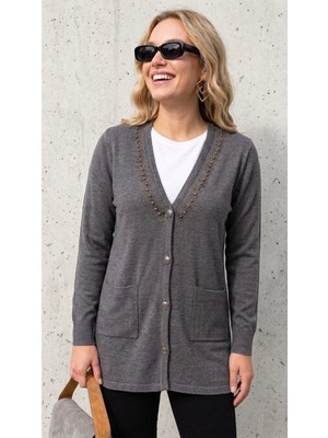 Onno Style Yakası Taşlı Çelik Örgü Triko Kadın Ceket