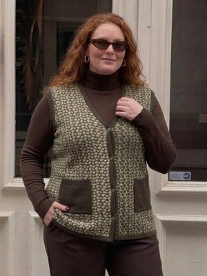 Onno Style Büyük Beden Çelik Örgü Klasik Leopar Desen Triko Kadın Yelek