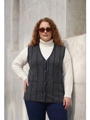 Onno Style Büyük Beden Kazayağı Desen Renkli Çelik Örgü Triko Kadın Yelek