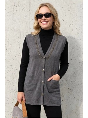Onno Style Yakası Taşlı Çelik Örgü Triko Kadın Yelek