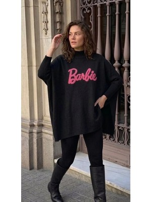 Onno Style Barbie Nakışlı Yırtmaçlı Triko Kadın Panço