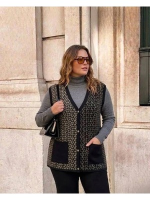 Onno Style Çelik Örgü Klasik Leopar Desen Triko Yelek