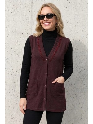 Onno Style Yakası Taşlı Çelik Örgü Triko Kadın Yelek