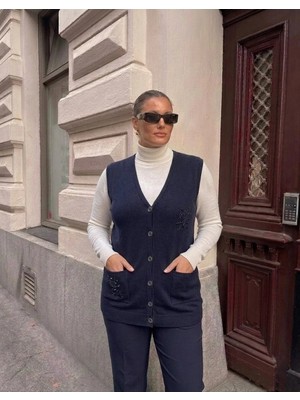 Onno Style Cebi Taşlı Çelik Örgü Klasik Triko Yelek