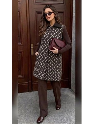 Onno Style Desenli Çelik Örgü Uzun Triko Kadın Yelek Kaban