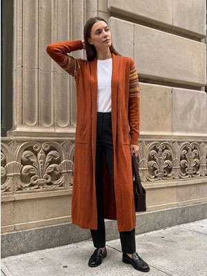 Onno Style Kilim Desen Uzun Triko Kadın Hırka