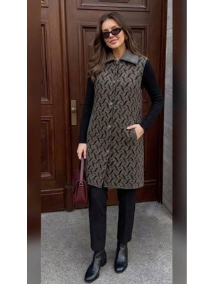 Onno Style Desenli Çelik Örgü Uzun Triko Kadın Yelek Kaban