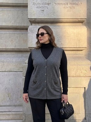 Onno Style Cebi Kelebek Taşlı Çelik Örgü Klasik Triko Yelek