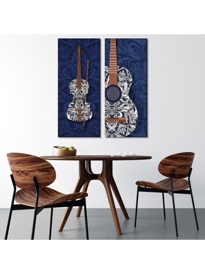 Tilki Dünyası 2'li Mandala Desenli Keman ve Gitar Temalı Kanvas Tablo-Lacivert Müzik Odası Duvar Dekoru - 30X70 cm