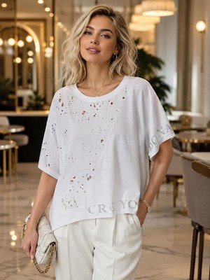 Mila Butik Delikli Dökümlü Taşlı Tişört, 2