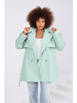 Sahra Afra Kadın Oversize Kısa Trençkot Apoletli Düğmeli Cepli Trençkot