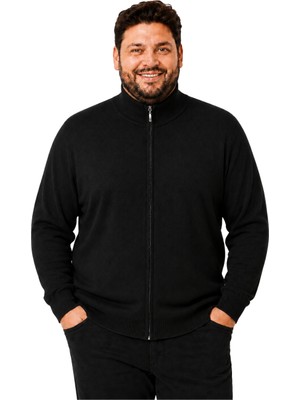 Erkek Büyük Beden Siyah Fermuarlı Dik Yaka Pamuklu Hırka 3xl-4xl-5xl-6xl