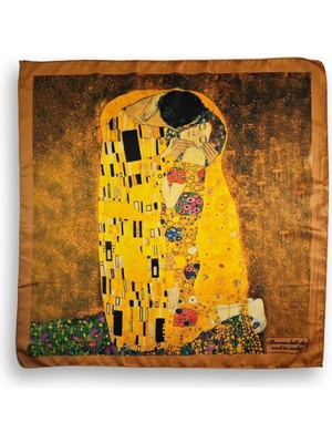 Ege Fular Şal Klimt Öpücük Desenli Ipek Rayon Fular 55X55 cm - Sanat Serisi Kadın Bandana Eşarp Italyan Dikişli