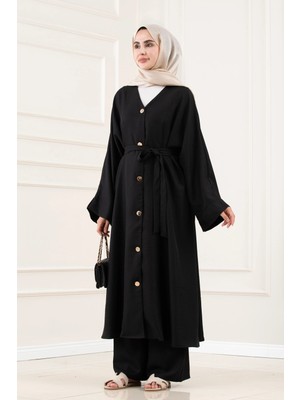 Sevitli Düğmeli Davin Abaya Ikili Takım-Siyah
