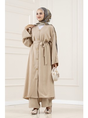 Sevitli Düğmeli Davin Abaya Ikili Takım-Bej