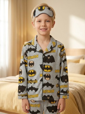 Enie Erkek Çocuk Batman Desenli Gri Göz Bantlı Pijama Takımı