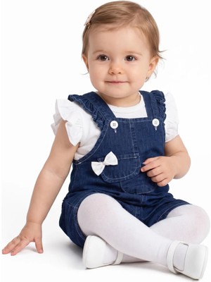 Bebegen Kız Bebek Beyaz Laci Cepli Fiyonklu Kot Salopet Takım