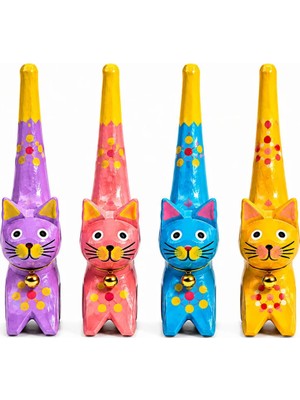 Maison Luré Makyaj & Takı Organizeri Renkli Ahşap Kedi Yüzük Tutucu 4'lü Set, El Yapımı Takı Organizer