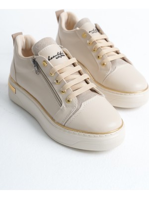 Zerenyus DINAS Bağcıklı Fermuarlı Ortopedik Kadın Sneaker Spor Ayakkabı - Krem Altın