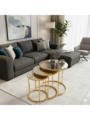 Usta Mekan Usta Gold Modern Metal Gümüş (Düz) Aynalı 3lü Zigon Sehpa Cam Malzemeden Şık Tasarım