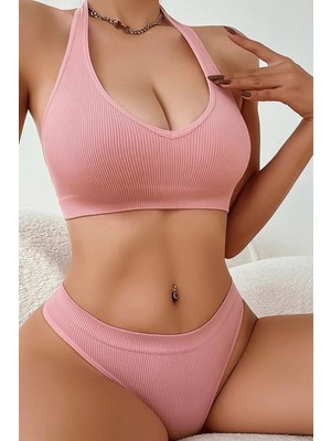 Sofya Passion Kadın Fitilli Dokulu Boyundan Bağlamalı Bralet ve Yüksek Kesim Külot Takımı
