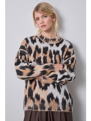 Bsb Kadın Oversize Bisiklet Yaka Triko Örme Leopar Desenli Uzun Kollu Kazak