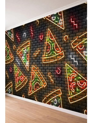Dreamwall Tuğla Duvar Üzerine Neon Pizza Dilimi Desenli Tekstil Duvar Kağıdı