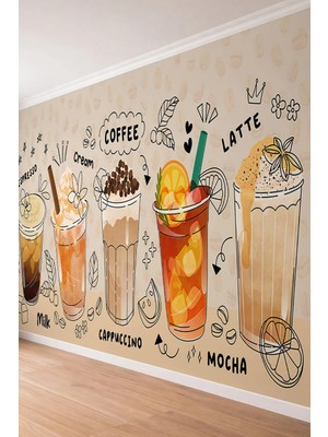 Dreamwall Kahve Illüstrasyonları ve Içecek- Cafe Temalı Tek Parça Tekstil Duvar Kağıdı