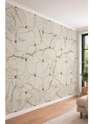 Dreamwall Modern Geometrik Gold Şeritli Mermer Desenli Lüks Salon Tekstil Duvar Kağıdı