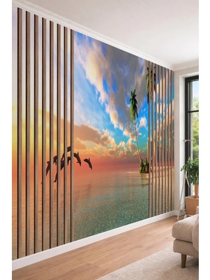 Dreamwall Ahşap Çıta ve Sahilde Yunuslar Desenli Tek Parça Tekstil Duvar Kağıdı