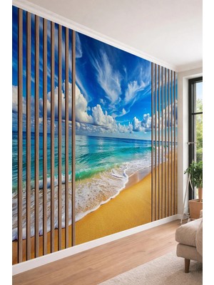 Dreamwall Ahşap Çıta ve Sonsuz Sahil Desenli Tek Parça Tekstil Duvar Kağıdı