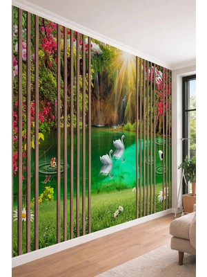 Dreamwall Ahşap Çıta ve Gölde Kuğular Desenli Tek Parça Tekstil Duvar Kağıdı