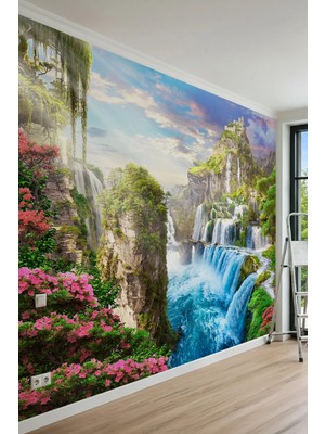Dreamwall Görkemli Şelaleler, Tepeye Kurulu Kale ve Çiçekli Doğa Manzaralı Tek Parça Tekstil Duvar Kağıdı
