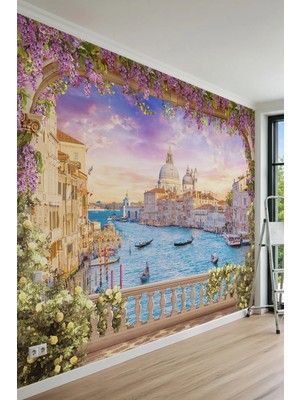 Dreamwall Salkımlı Taş Kemer, Venedik Kanallarında Gün Batımı Manzaralı Tek Parça Tekstil Duvar Kağıdı