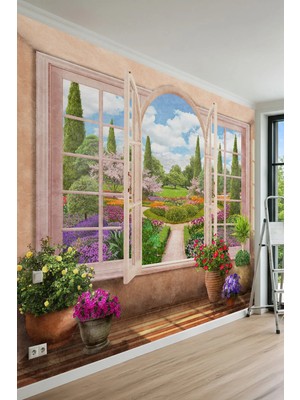 Dreamwall Pencere, Saksı Çiçekleri ve Peyzaj Bahçesi Manzaralı Tek Parça Tekstil Duvar Kağıdı