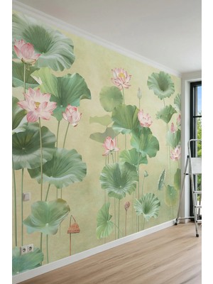 Dreamwall Soft Lotus Çiçekleri ve Devasa Yeşil Yaprak Motifli Tek Parça Tekstil Duvar Kağıdı
