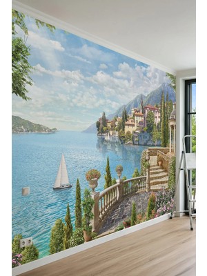 Dreamwall Taş Teras, Yelkenli Tekne ve Göl Manzaralı Tek Parça Tekstil Duvar Kağıdı