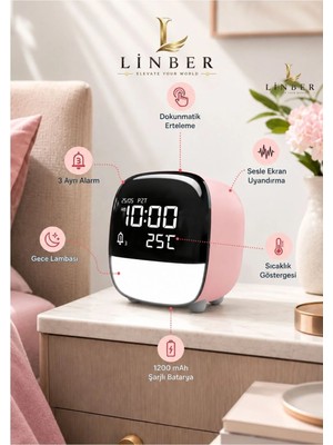 Linber Çok Fonksiyonlu LED Masa Saati 1200 Mah Şarjlı, 3 Alarmlı,dokunmatik Gece Lambalı ve Sıcaklık Göstergeli