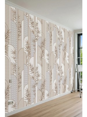 Dreamwall Dikey Kemerli Çizgiler, Bambu Dalları ve Geometrik Desenli Tek Parça Tekstil Duvar Kağıdı