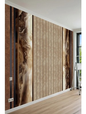 Dreamwall Oniks Mermer Pano ve Dikey Ahşap Çıta Desenli Tek Parça Tekstil Duvar Kağıdı