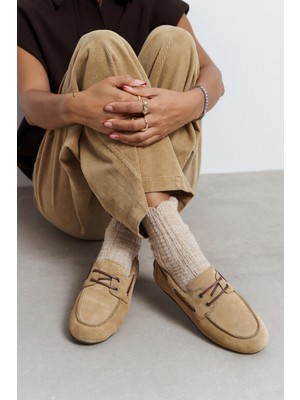 Nişantaşı Shoes Aspel Bej Süet Deri Içi Kürklü Düz Taban Kadın Loafer