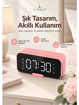 Linber Pembe Bluetooth 5.0 Aynalı Masa Saati ve Hoparlör – 2 Alarm, Erteleme, Fm Radyo, Tf Kart ve Dahili Mikrofon