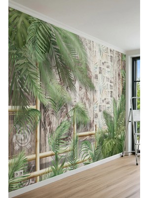 Dreamwall Tropikal Palmiye Yaprakları, Bambu Çitler ve Ahşap Desenli Tek Parça Tekstil Duvar Kağıdı