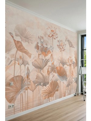 Dreamwall Somon Tonlarında Lotus Çiçekleri ve Yapraklarıtek Parça Tekstil Duvar Kağıdı