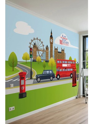 Dreamwall Londra Simgeleri, Big Ben, Kırmızı Çift Katlı Otobüs ve Telefon Kulübesi Motifli Tek Parça Tekstil Duvar Kağıdı