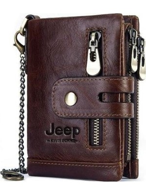 Jeep Erkek Cüzdanı 100% Hakiki Deri Bozuk Para Kart Bölmeli Zincir Tutuculu Kahverengi