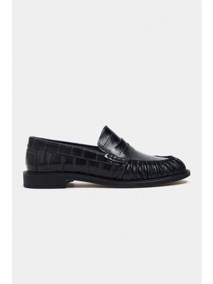 Nişantaşı Shoes Vesta Siyah Su Yolu Kroko Hakiki Deri Düz Taban Kadın Loafer Ayakkabı